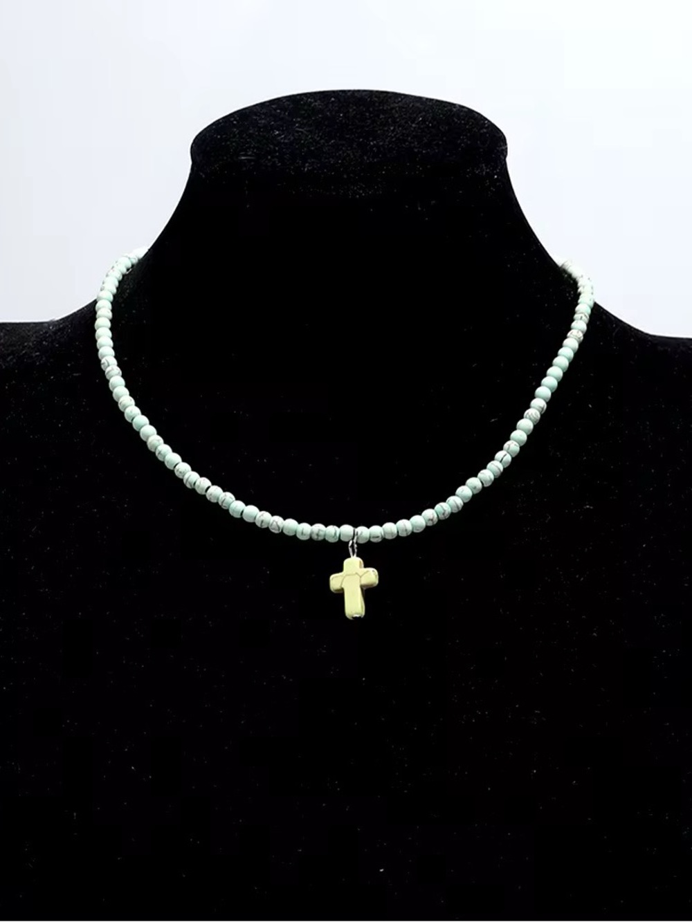 Green Cross Pendant Mint Beaded Necklace